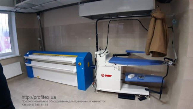 Полная комплектация прачечной, химчистки, аквачистки технологическим оборудованием от PROFITEX. Химчистка-прачечная-аквачистка, Ставчены, Кишинев, Молдавия. На фото гладильно-сушильный каландр Imesa, гладильный стол Pony.